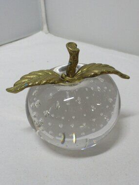 Vintage Art Glass Apple Shaped Paperweight with Bubbles and Brass Stem & Leaf